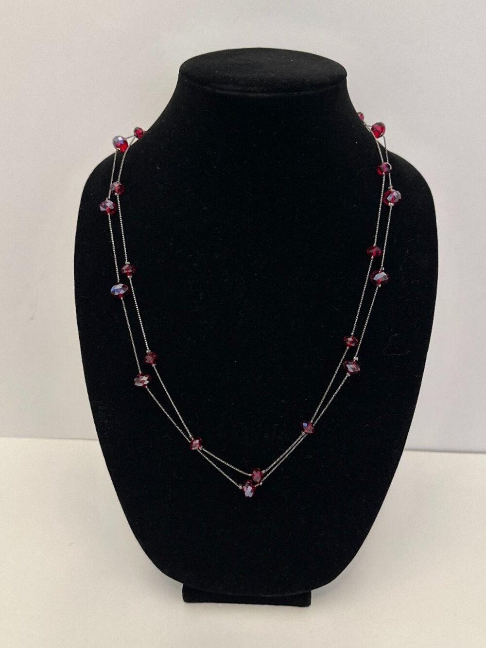 Vintage Ruby Red Beaded Layered Necklace Silver Tone Crystal Station